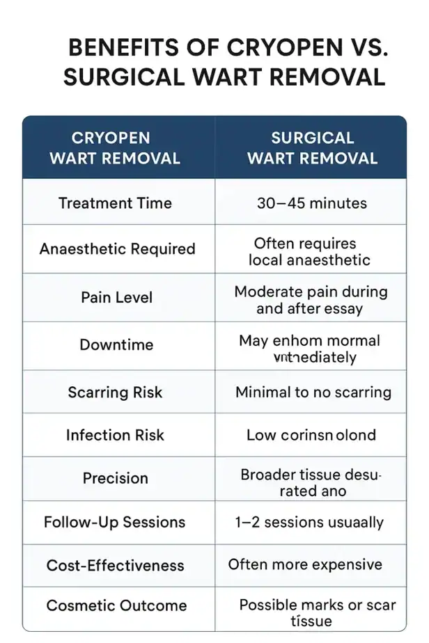 Table showing the benefits of cryopen to remove warts Wales compared to surgical treatment